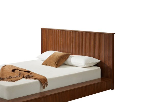 English Elm Low Profile Walnut Veneer Platform Bed Fluted Headboard Japandi Minimalist Style W1858S00012