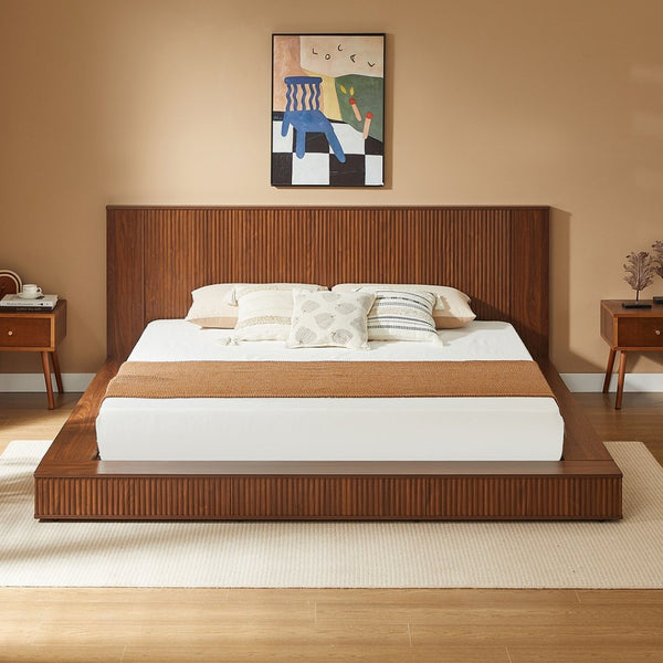 English Elm Low Profile Walnut Platform Bed Fluted Panel Headboard Japandi Solid Wood Storage W1858S00013