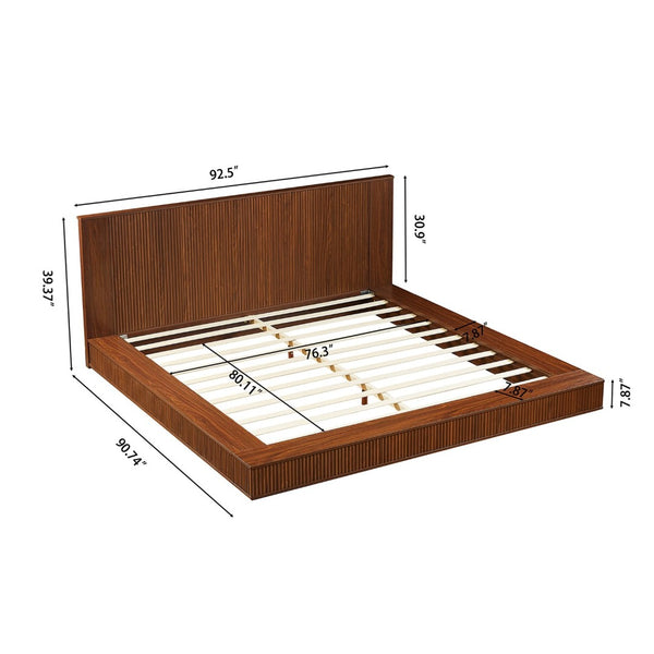 English Elm Low Profile Walnut Platform Bed Fluted Panel Headboard Japandi Solid Wood Storage W1858S00013