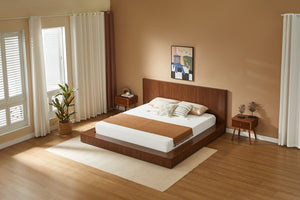 English Elm Low Profile Walnut Platform Bed Fluted Panel Headboard Japandi Solid Wood Storage W1858S00013