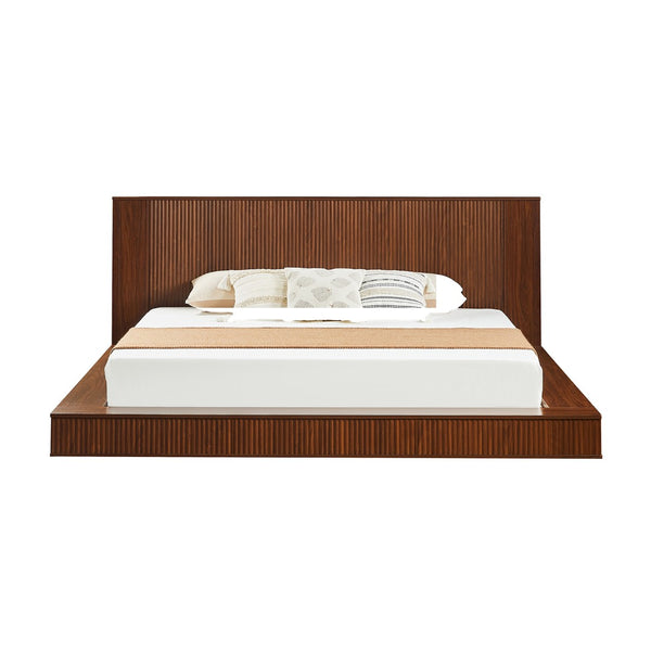 English Elm Low Profile Walnut Platform Bed Fluted Panel Headboard Japandi Solid Wood Storage W1858S00013