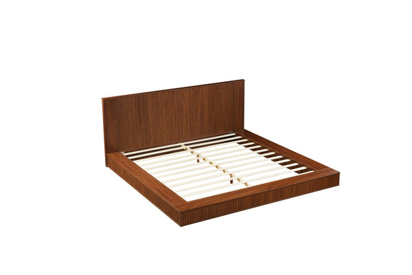 English Elm Low Profile Walnut Platform Bed Fluted Panel Headboard Japandi Solid Wood Storage W1858S00013