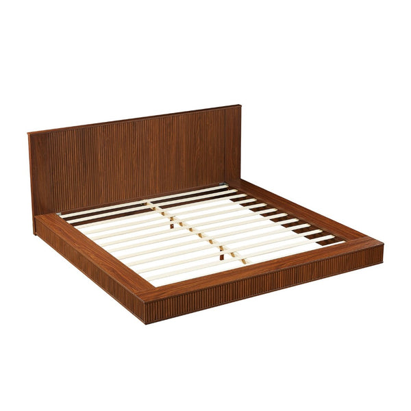 English Elm Low Profile Walnut Platform Bed Fluted Panel Headboard Japandi Solid Wood Storage W1858S00013