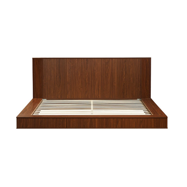 English Elm Low Profile Walnut Platform Bed Fluted Panel Headboard Japandi Solid Wood Storage W1858S00013