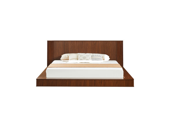 English Elm Low Profile Walnut Platform Bed Fluted Panel Headboard Japandi Solid Wood Storage W1858S00013