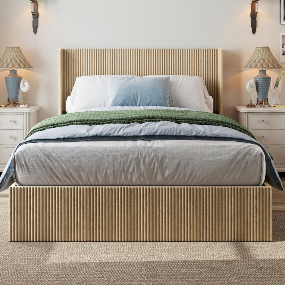 English Elm A Hydraulic Lift Oak Platform Storage Bed with Sculptural Grain Headboard Display W1858S00014