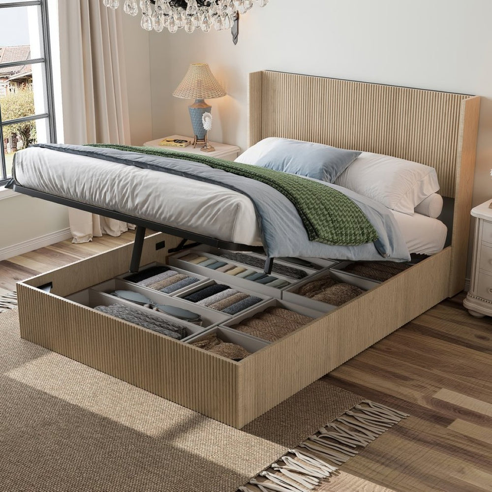 English Elm A Hydraulic Lift Oak Platform Storage Bed with Sculptural Grain Headboard Display W1858S00014