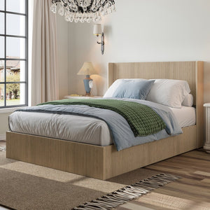 English Elm A Hydraulic Lift Oak Platform Storage Bed with Sculptural Grain Headboard Display W1858S00014