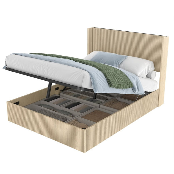 English Elm A Hydraulic Lift Oak Platform Storage Bed with Sculptural Grain Headboard Display W1858S00014