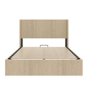 English Elm A Hydraulic Lift Oak Platform Storage Bed with Sculptural Grain Headboard Display W1858S00014