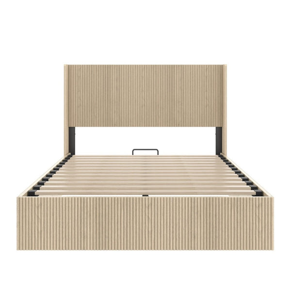 English Elm A Hydraulic Lift Oak Platform Storage Bed with Sculptural Grain Headboard Display W1858S00014
