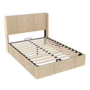 English Elm A Hydraulic Lift Oak Platform Storage Bed with Sculptural Grain Headboard Display W1858S00014