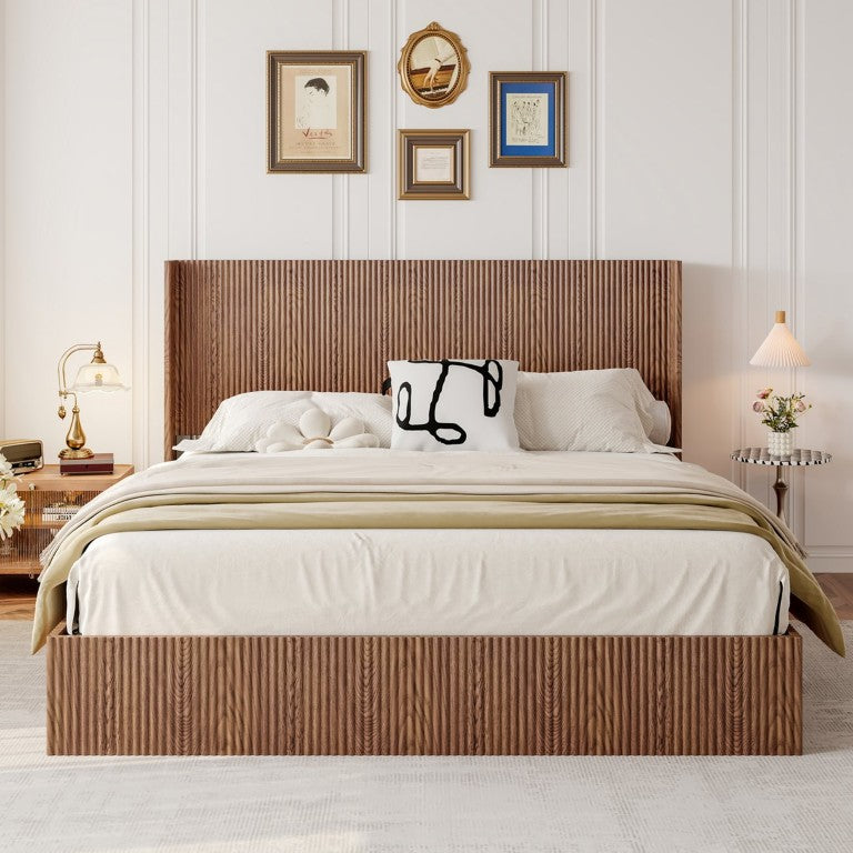 English Elm Large Grooved Wave Platform Storage Bed Rustic Walnut Wood King with Hydraulic Lift W1858S00015