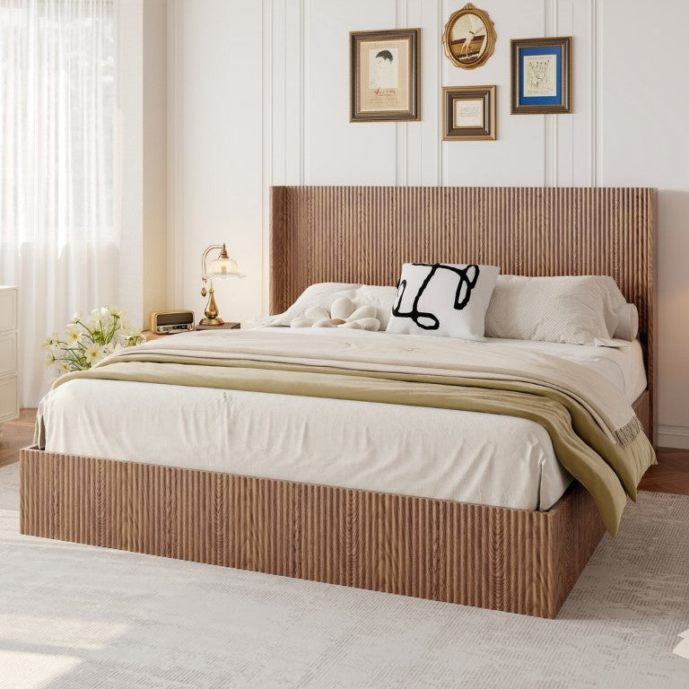 English Elm Large Grooved Wave Platform Storage Bed Rustic Walnut Wood King with Hydraulic Lift W1858S00015