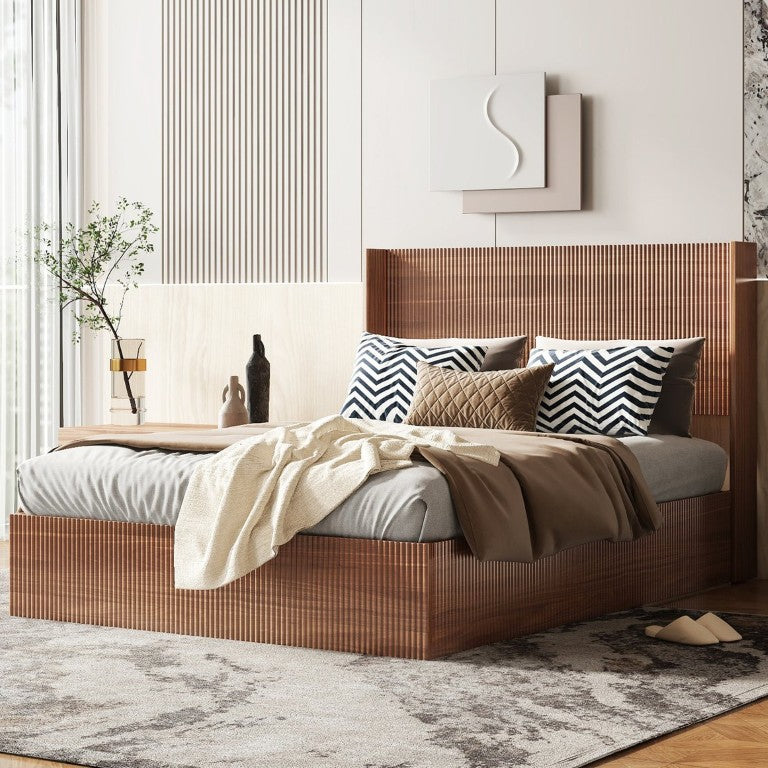 English Elm Queen Platform Storage Bed Hydraulic Lift Walnut MDF Sculpted Headboard Bedroom W1858S00016