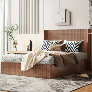 English Elm Queen Platform Storage Bed Hydraulic Lift Walnut MDF Sculpted Headboard Bedroom W1858S00016