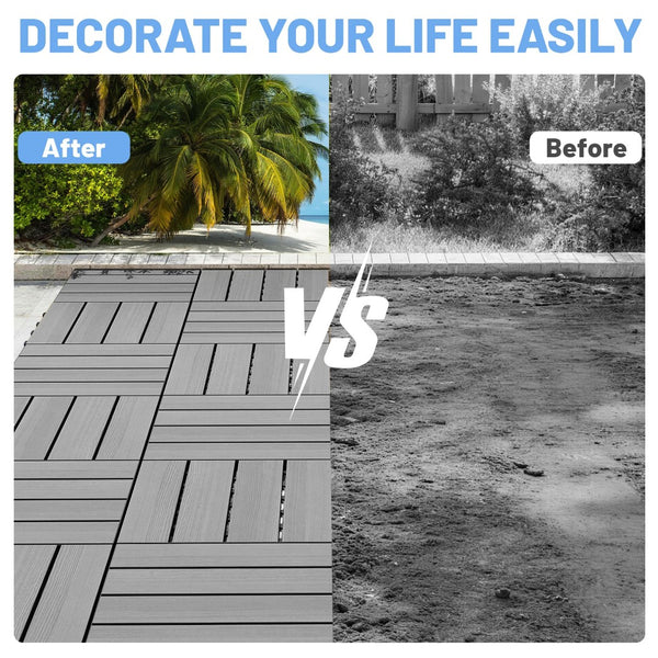 English Elm 27 Piece HDPE Interlocking Deck Tiles Wood Grain Outdoor Flooring for Patio Poolside Dark Grey W1859P507494