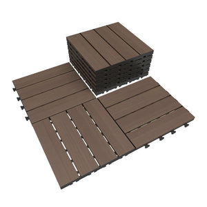 English Elm 44 Piece HDPE Interlocking Patio Tiles Waterproof Wood Grain Outdoor Deck Flooring Set Dark Brown W1859P507534