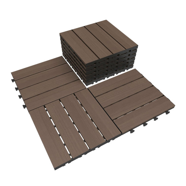 English Elm 44 Piece HDPE Interlocking Patio Tiles Waterproof Wood Grain Outdoor Deck Flooring Set Dark Brown W1859P507534