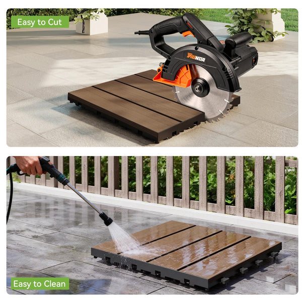 English Elm 44 Piece HDPE Interlocking Patio Tiles Waterproof Wood Grain Outdoor Deck Flooring Set Dark Brown W1859P507534
