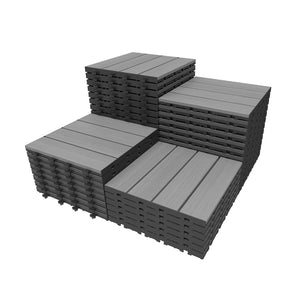 English Elm 44 Piece HDPE Interlocking Patio Tiles Waterproof Wood Grain Outdoor Deck Flooring Set Dark Grey W1859P507535