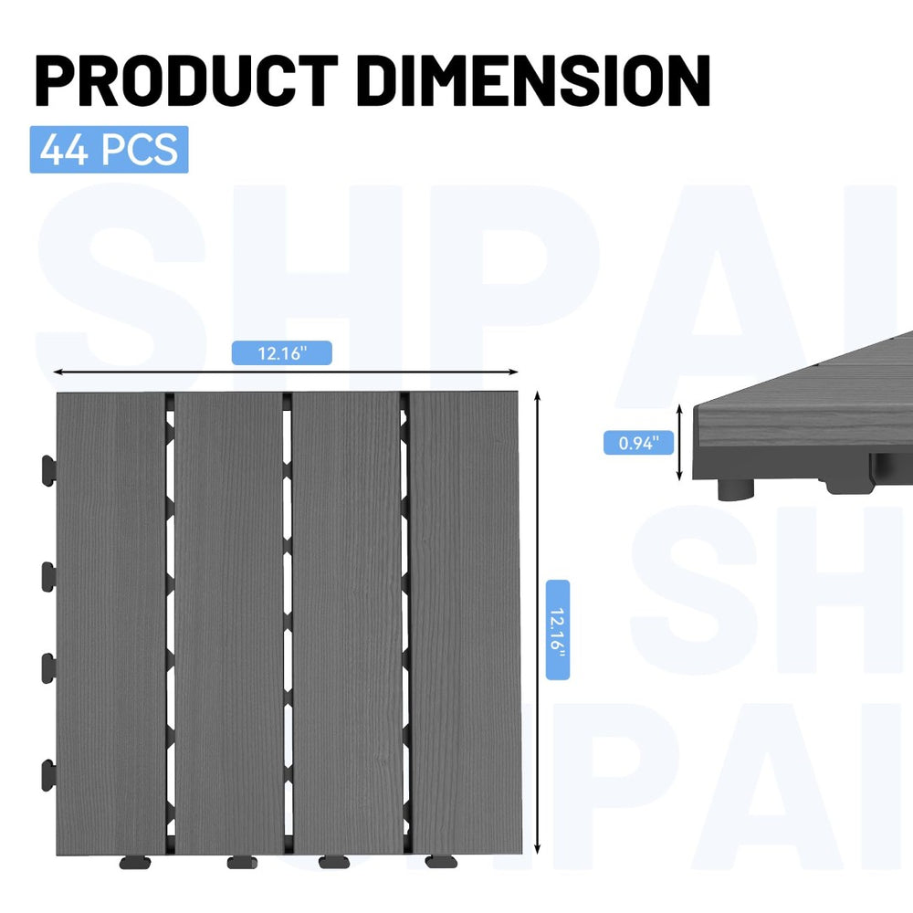 English Elm 44 Piece HDPE Interlocking Patio Tiles Waterproof Wood Grain Outdoor Deck Flooring Set Dark Grey W1859P507535