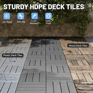 English Elm 44 Piece HDPE Interlocking Patio Tiles Waterproof Wood Grain Outdoor Deck Flooring Set Dark Grey W1859P507535