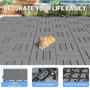 English Elm 44 Piece HDPE Interlocking Patio Tiles Waterproof Wood Grain Outdoor Deck Flooring Set Dark Grey W1859P507535