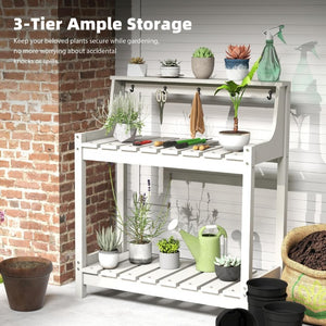 English Elm Potting Bench Outdoor HDPE Three Tier Ergonomic Work Station for Garden Patio White W1859P511144