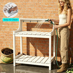English Elm Potting Bench Outdoor HDPE Three Tier Ergonomic Work Station for Garden Patio White W1859P511144