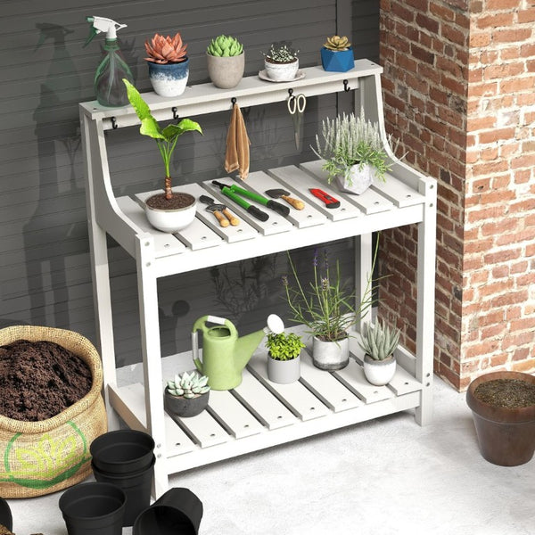 English Elm Potting Bench Outdoor HDPE Three Tier Ergonomic Work Station for Garden Patio White W1859P511144