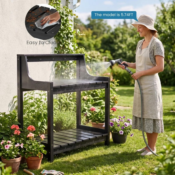 English Elm Potting Bench Outdoor HDPE Three Tier Ergonomic Work Station for Garden Patio Black W1859P511146