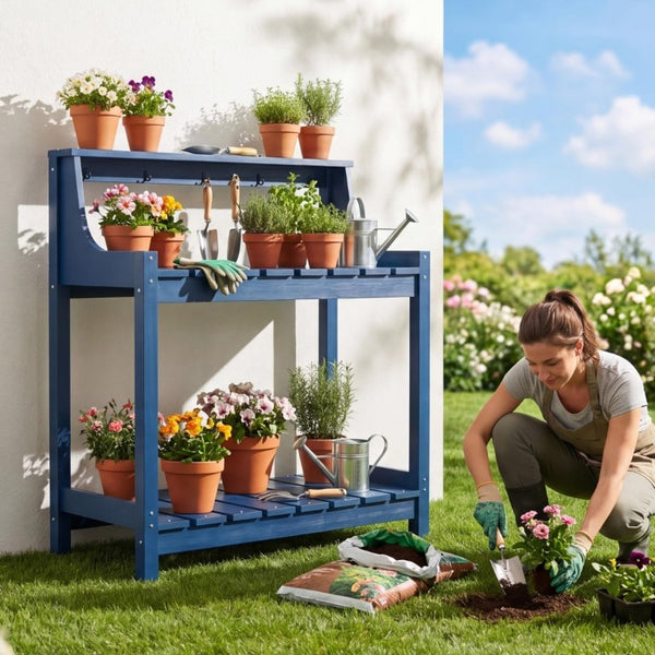 English Elm Potting Bench Outdoor HDPE Three Tier Ergonomic Work Station for Garden Patio Dark Blue W1859P511159
