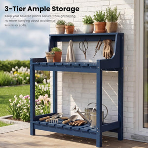English Elm Potting Bench Outdoor HDPE Three Tier Ergonomic Work Station for Garden Patio Dark Blue W1859P511159