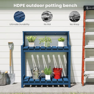 English Elm Potting Bench Outdoor HDPE Three Tier Ergonomic Work Station for Garden Patio Dark Blue W1859P511159