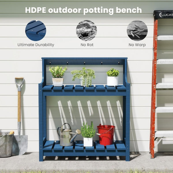 English Elm Potting Bench Outdoor HDPE Three Tier Ergonomic Work Station for Garden Patio Dark Blue W1859P511159