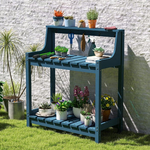 English Elm Potting Bench Outdoor HDPE Three Tier Ergonomic Work Station for Garden Patio Dark Blue W1859P511159