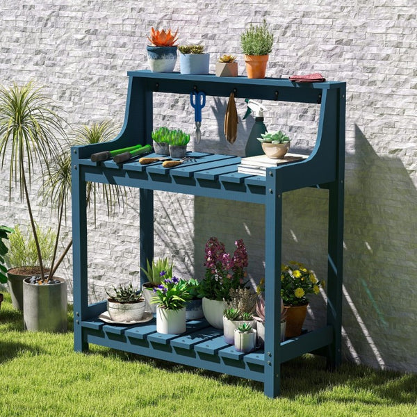 English Elm Potting Bench Outdoor HDPE Three Tier Ergonomic Work Station for Garden Patio Dark Blue W1859P511159