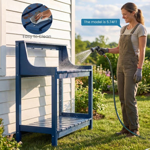 English Elm Potting Bench Outdoor HDPE Three Tier Ergonomic Work Station for Garden Patio Dark Blue W1859P511159