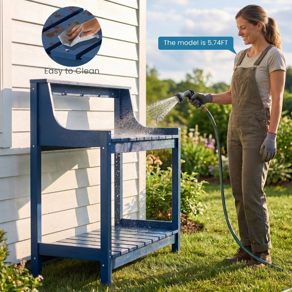 English Elm Potting Bench Outdoor HDPE Three Tier Ergonomic Work Station for Garden Patio Dark Blue W1859P511159