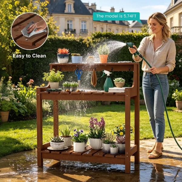 English Elm Potting Bench Outdoor HDPE Three Tier Ergonomic Work Station for Garden Patio Brown W1859P511173
