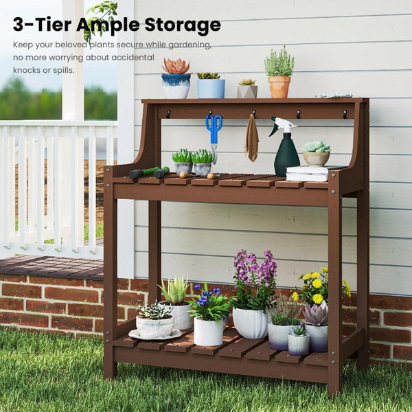 English Elm Potting Bench Outdoor HDPE Three Tier Ergonomic Work Station for Garden Patio Brown W1859P511173