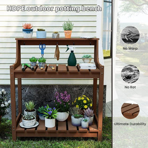 English Elm Potting Bench Outdoor HDPE Three Tier Ergonomic Work Station for Garden Patio Brown W1859P511173