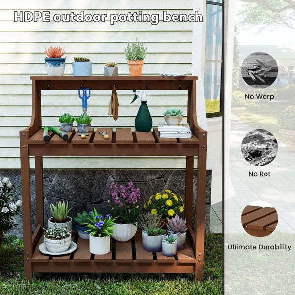 English Elm Potting Bench Outdoor HDPE Three Tier Ergonomic Work Station for Garden Patio Brown W1859P511173