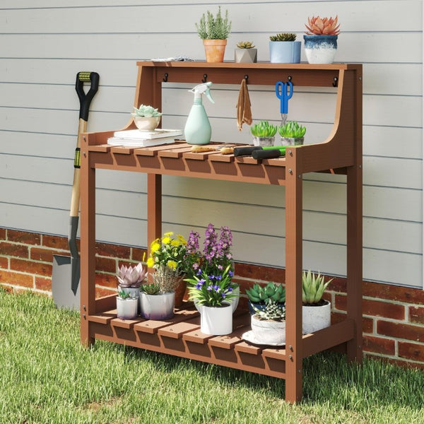 English Elm Potting Bench Outdoor HDPE Three Tier Ergonomic Work Station for Garden Patio Brown W1859P511173