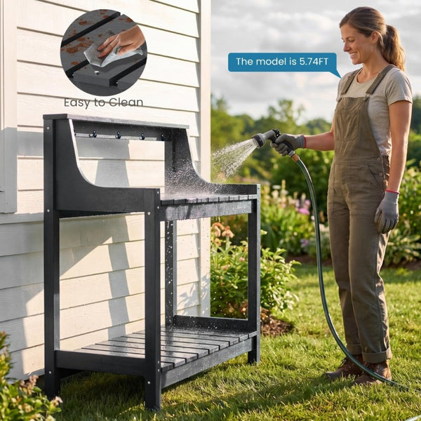 English Elm Potting Bench Outdoor HDPE Three Tier Ergonomic Work Station for Garden Patio Gray W1859P511175