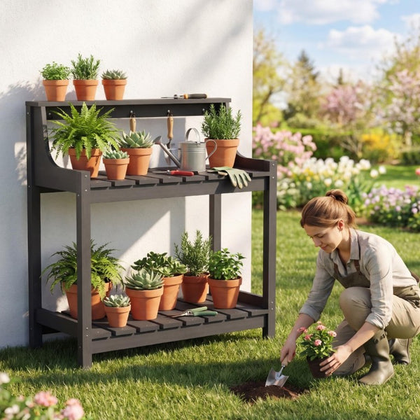 English Elm Potting Bench Outdoor HDPE Three Tier Ergonomic Work Station for Garden Patio Gray W1859P511175