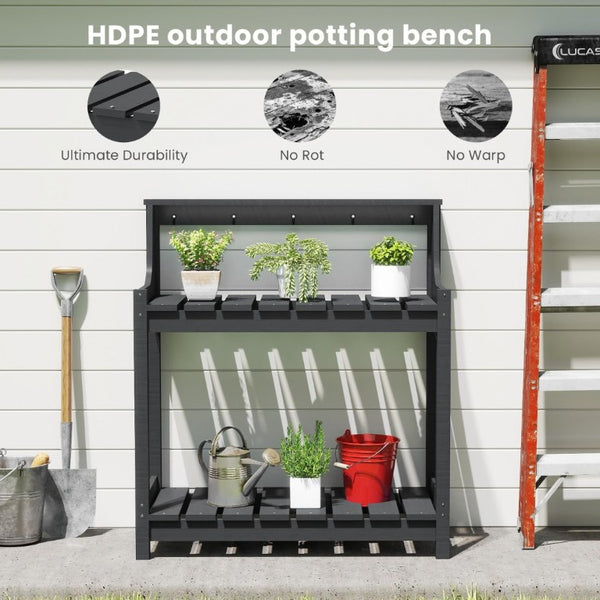 English Elm Potting Bench Outdoor HDPE Three Tier Ergonomic Work Station for Garden Patio Gray W1859P511175