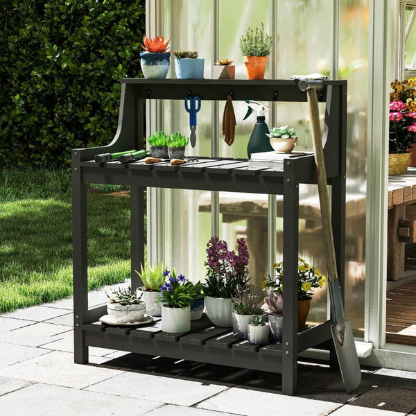 English Elm Potting Bench Outdoor HDPE Three Tier Ergonomic Work Station for Garden Patio Gray W1859P511175