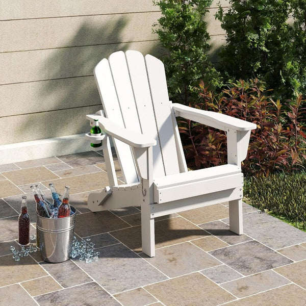 English Elm Adirondack Folding HDPE Outdoor Chair with Wood Grain Finish and Built in Cup Holder W1859P514786